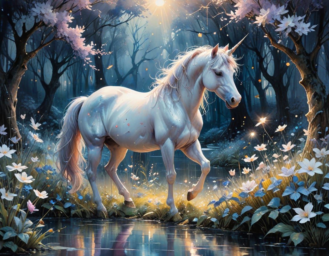 Unicorn in Moonlit Garden: A Watercolor Dreamscape