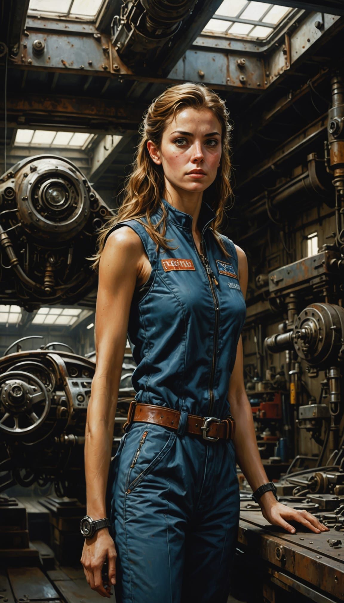 Beautiful Racer Girl in Shadowy Workshop, Concept Art Style