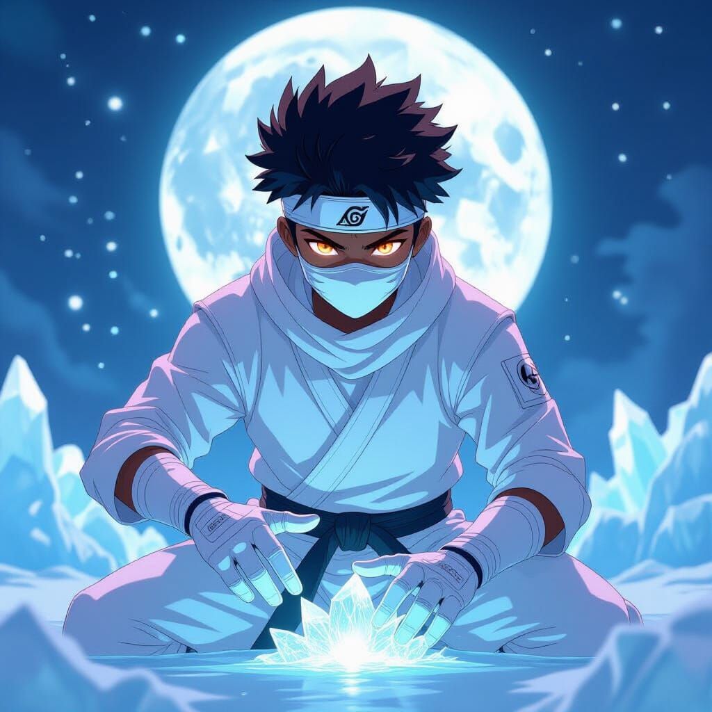 Ice Ninja Teen Controls Shimmering Ice in Anime Style