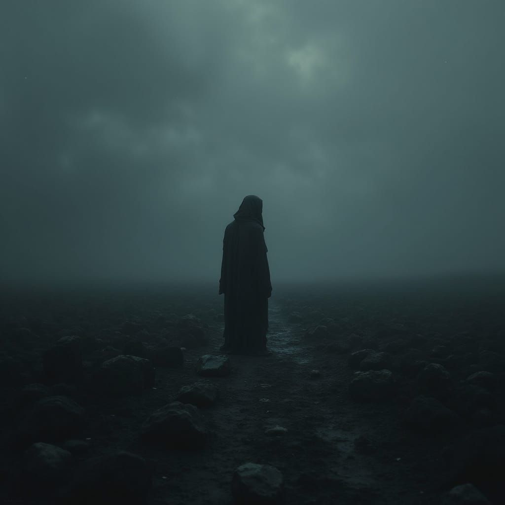 Mysterious Figure Stands in a Dark, Stormy Landscape