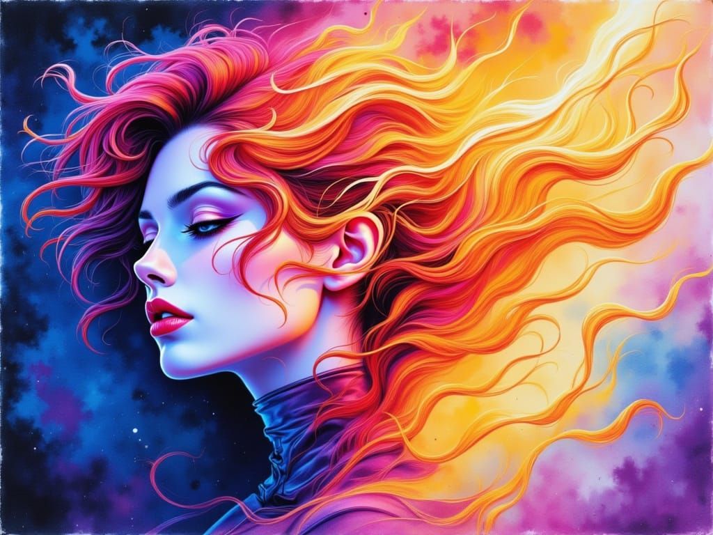 Goddess of Cosmic Flames in Vibrant Watercolor