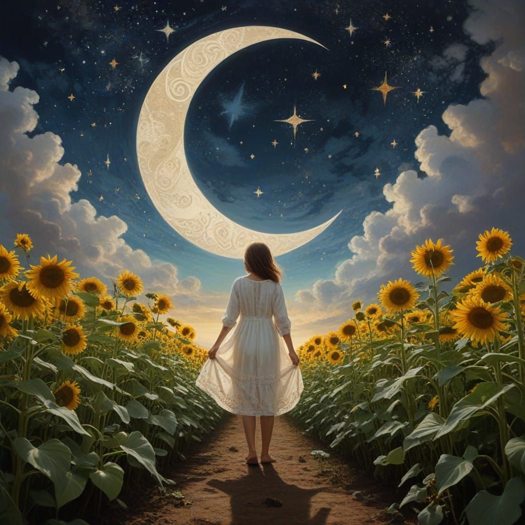 Whimsical Art Nouveau Scene with Levitating Child and Sunflo...