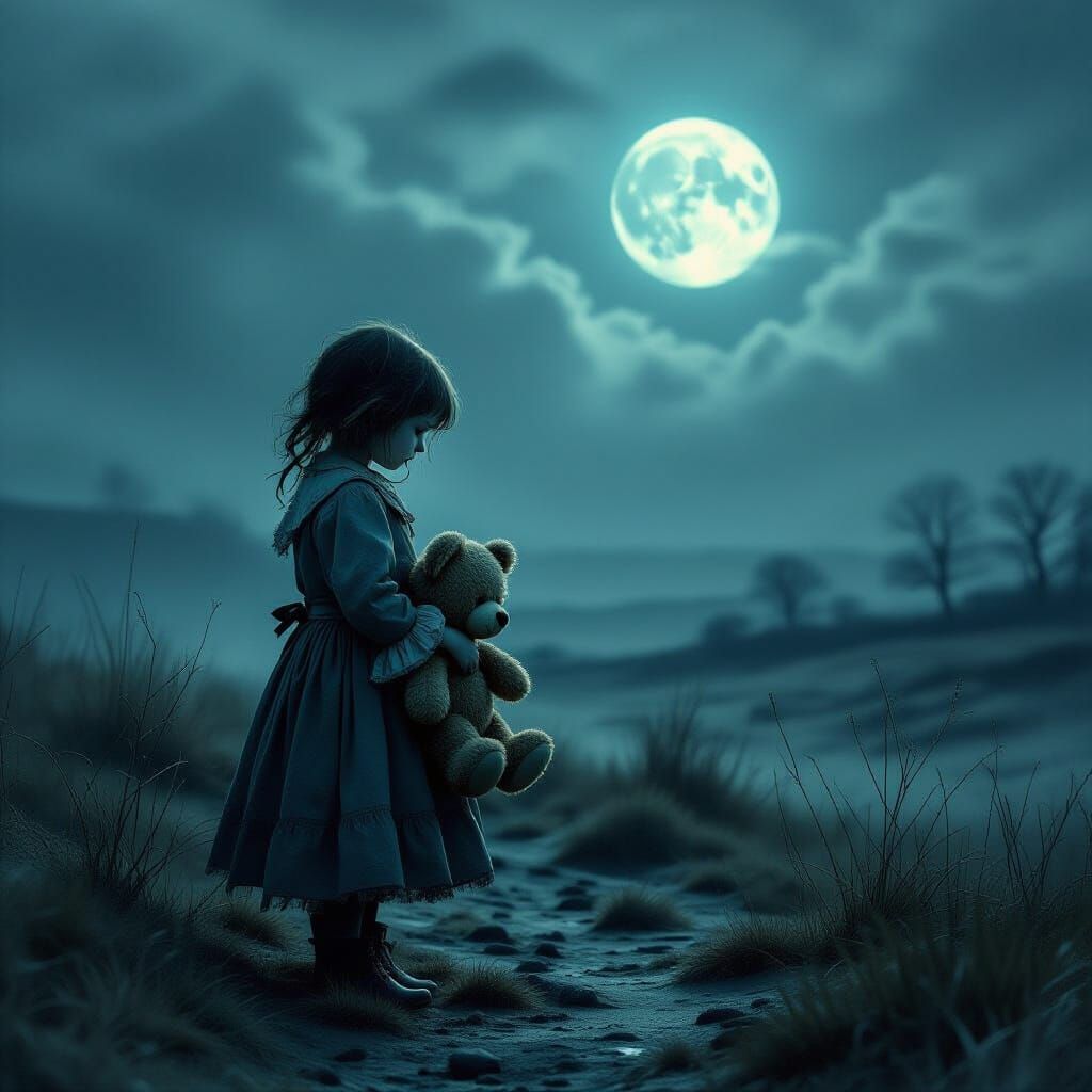 Spectral Victorian Child with Teddy Bear on Moonlit Moor
