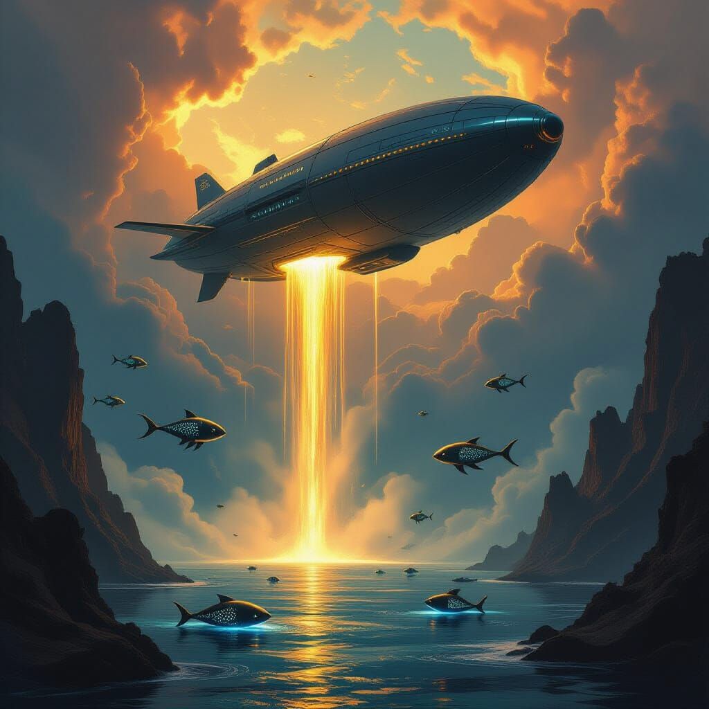 Futuristic Airship Over Alien Ocean as Matte Painting
