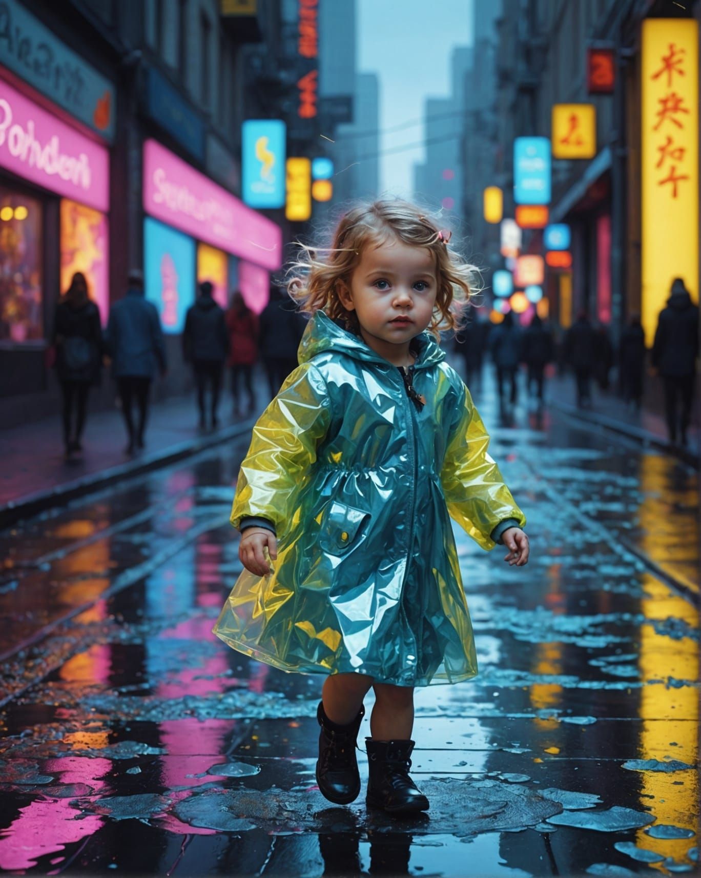 Baby Walking on Neon Street in Shadow Depth