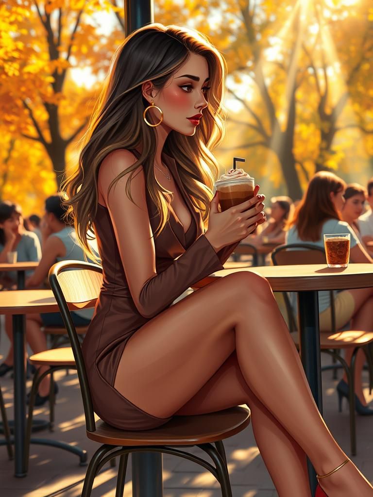 Girl Sipping Chocolate in Park Cafe, Dreamy Art Style