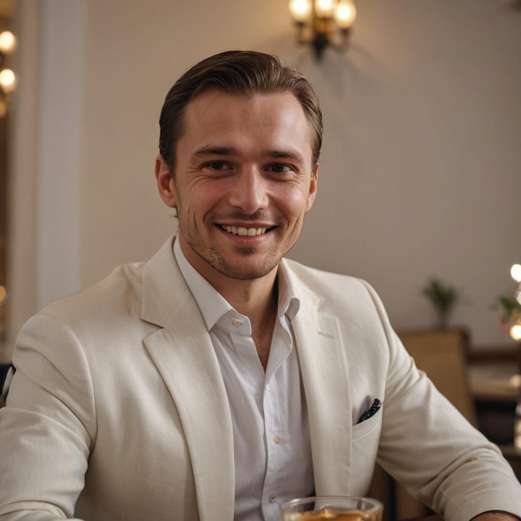 Smiling Slavic Man in Dimly Lit Setting: Photorealistic Digi...