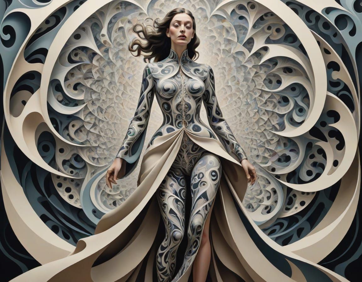Regal Woman Emerges from Escher-Inspired Dreamscape