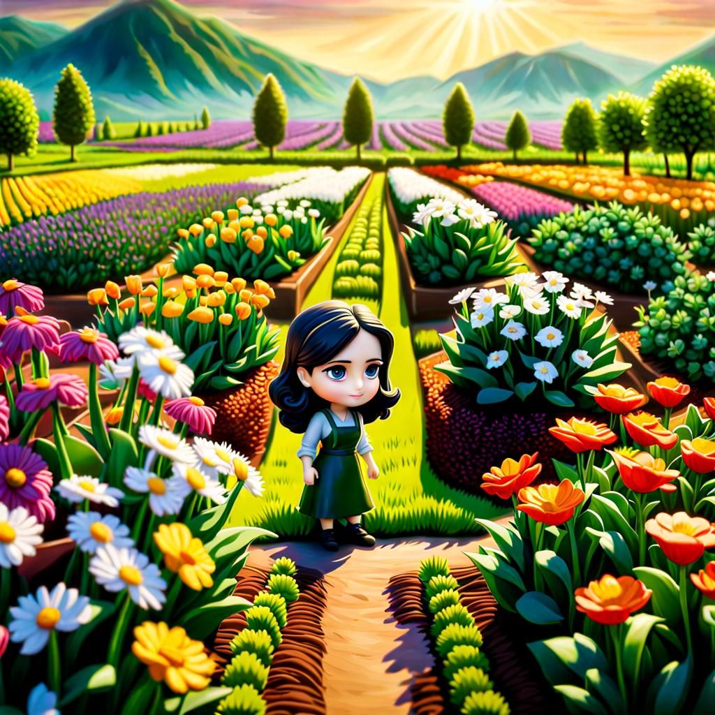 Miniature flower farm scene with cute Chibi Eva Green tending to the flower fields