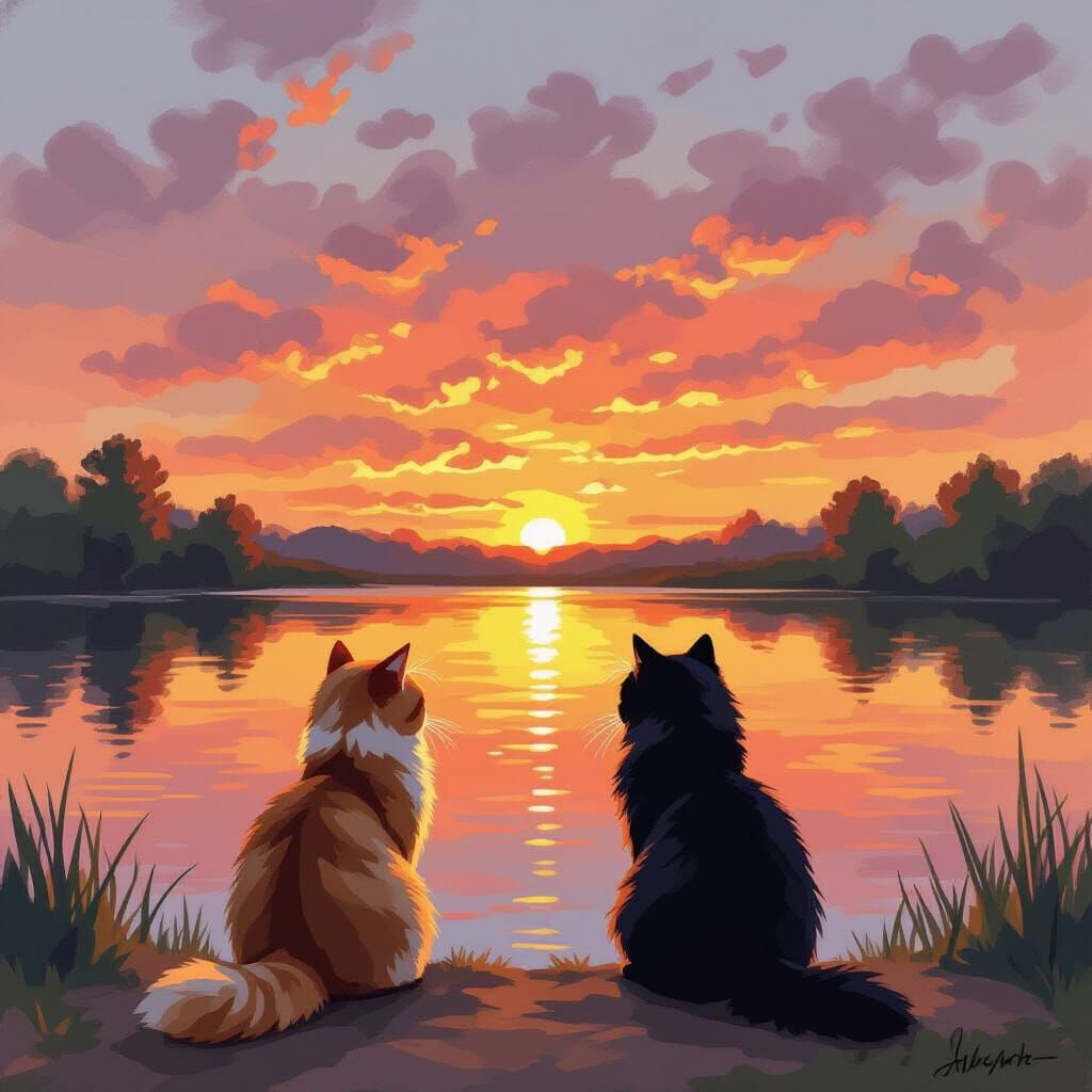 Cats Watch Vibrant Sunset Over Serene Pond in Impressionist ...