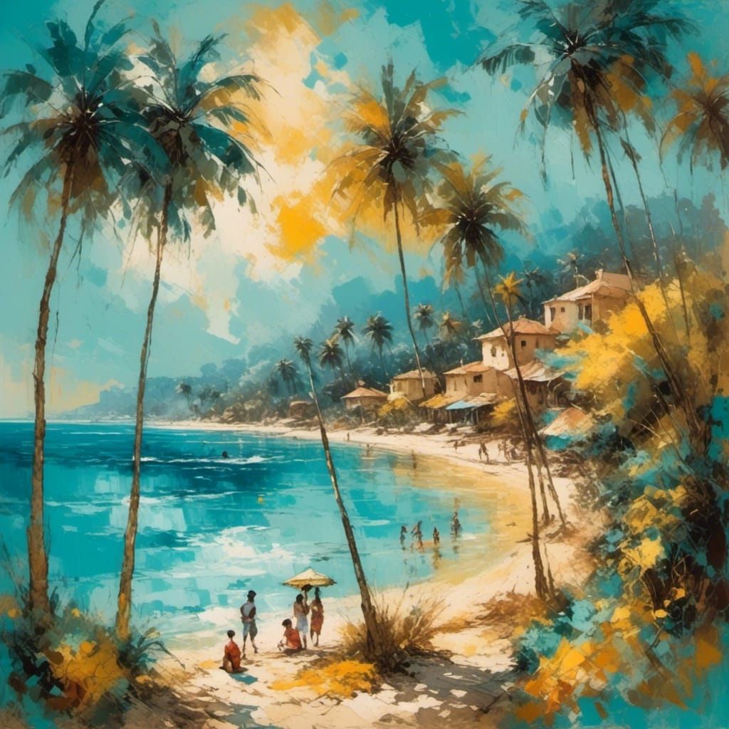 Vibrant Beach Scene in Expressionist Oil Painting Style