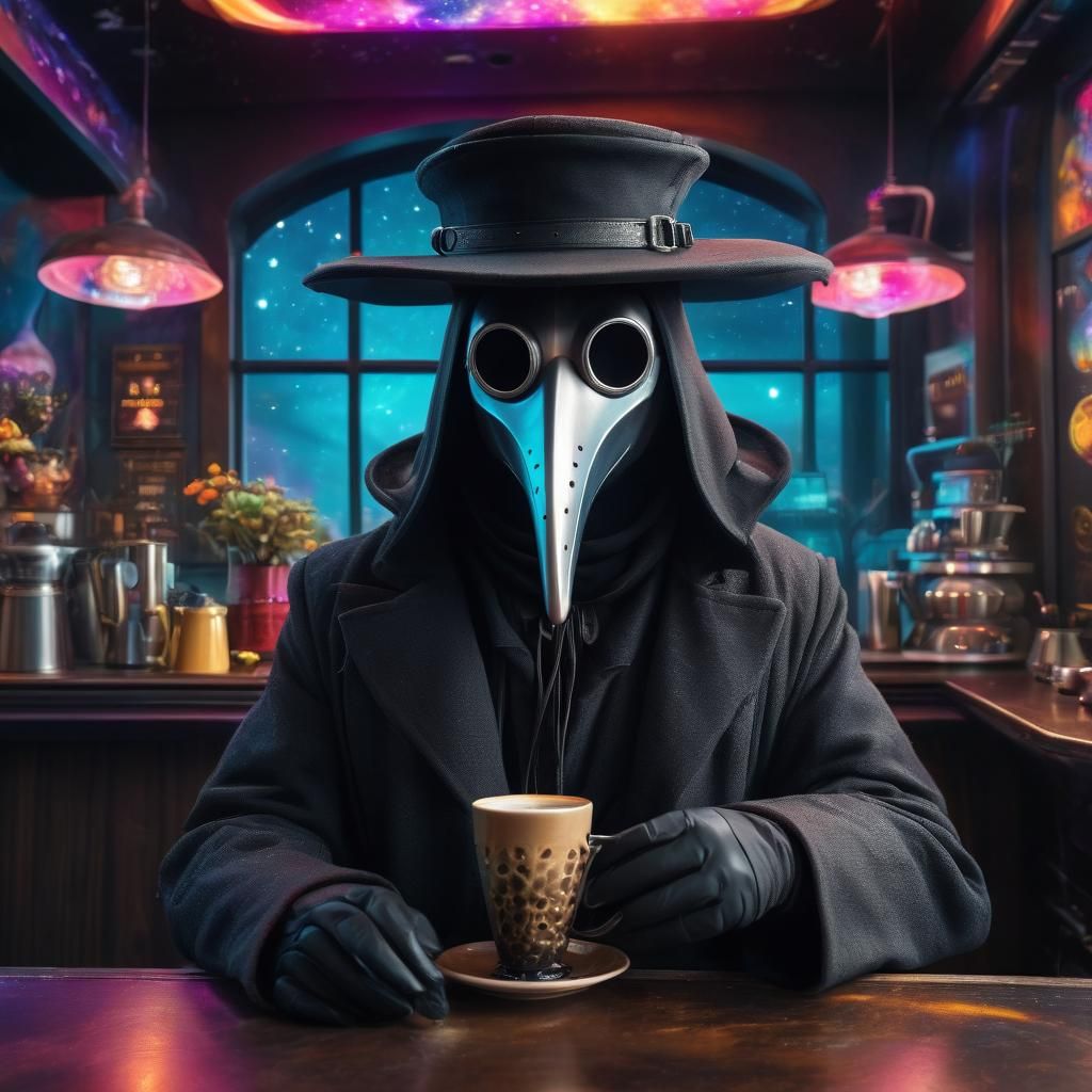 Plague Doctor at Galactic Cafe: Hyperrealistic Image