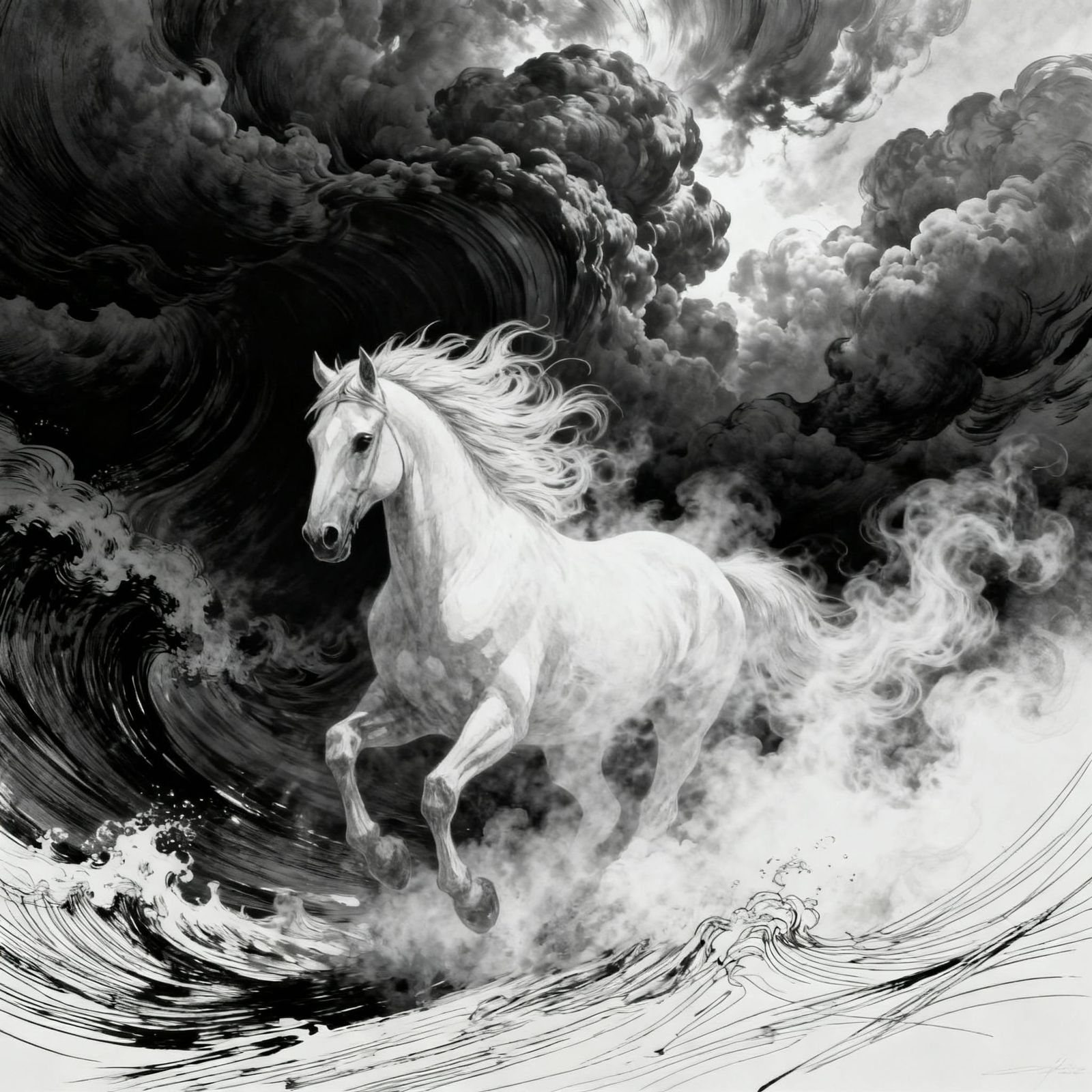 Ethereal Horse Gallops Through Storm Clouds in Chiaroscuro