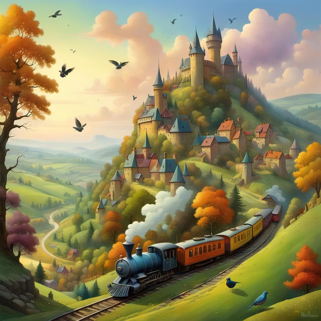 Whimsical Hilly Landscape with Trains and Wizards