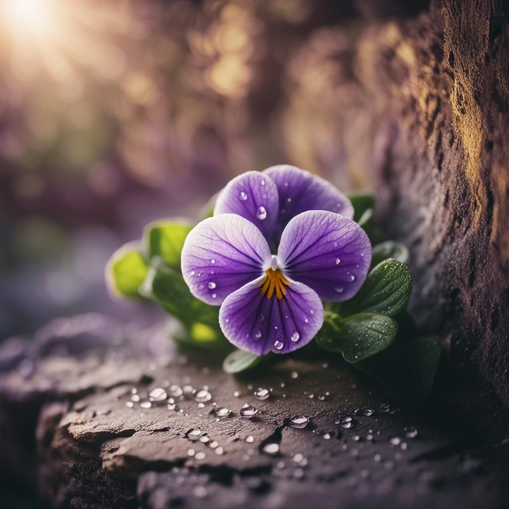 Delicate Viola Flower on Stone Wall: Macro Shot