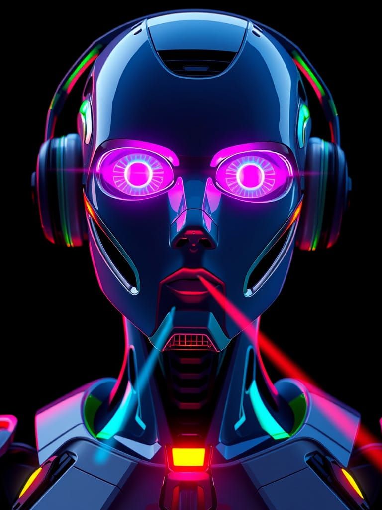 Glowing Robot Head with Rainbow Eyes in Futuristic Style