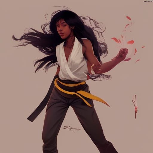 Dynamic Karate Girl Concept Art in Orange and Teal