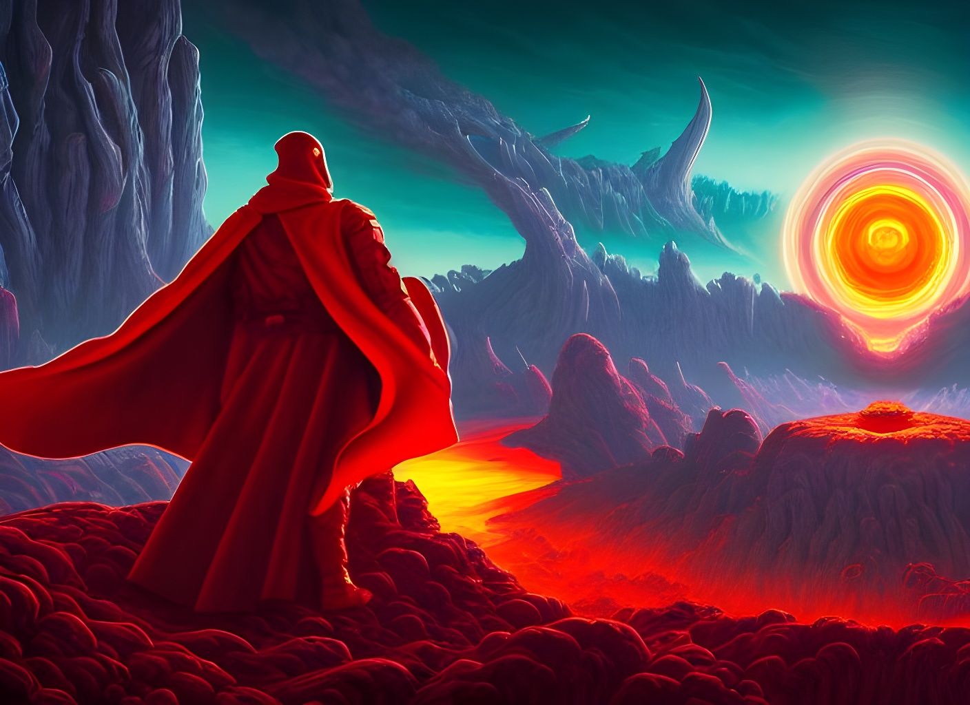 Red Cloak Figure in Surrealistic Digital Art