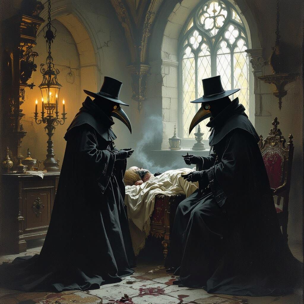Plague Doctors Treating Patient: Dark Art Style