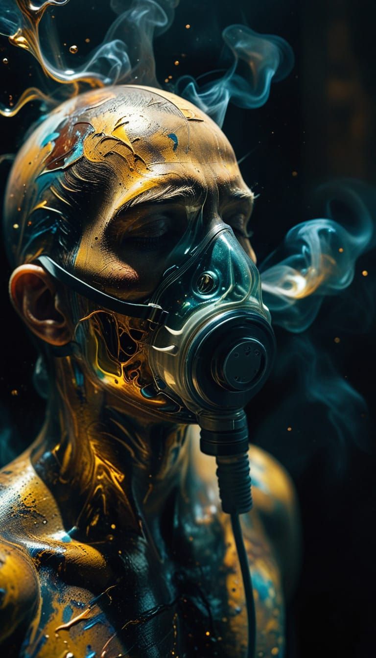 Surreal Oil Painting of a Struggling Figure in a Dark Room