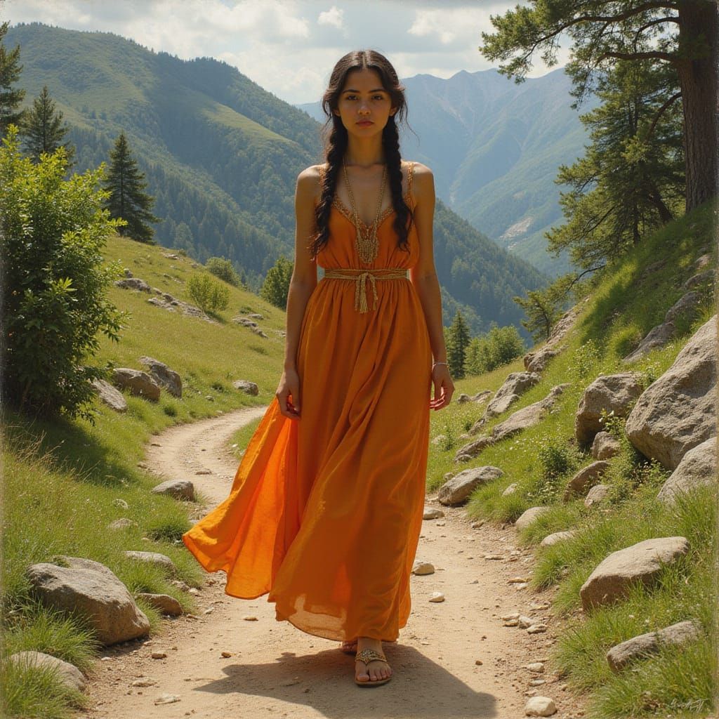 Sensual Spanish Beauty in Warm Orange Dress