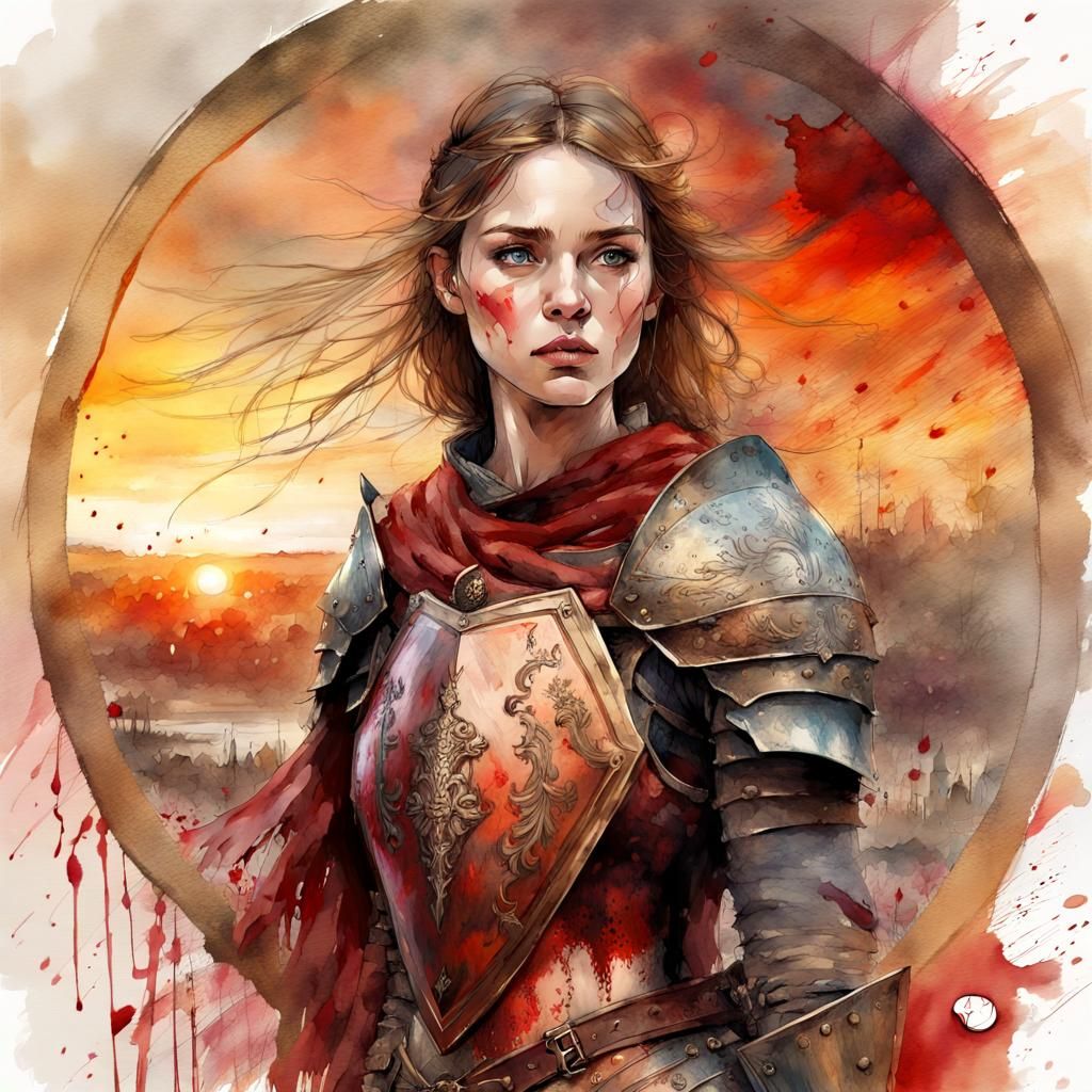 Medieval Knight Woman with Shield, Digital Watercolor