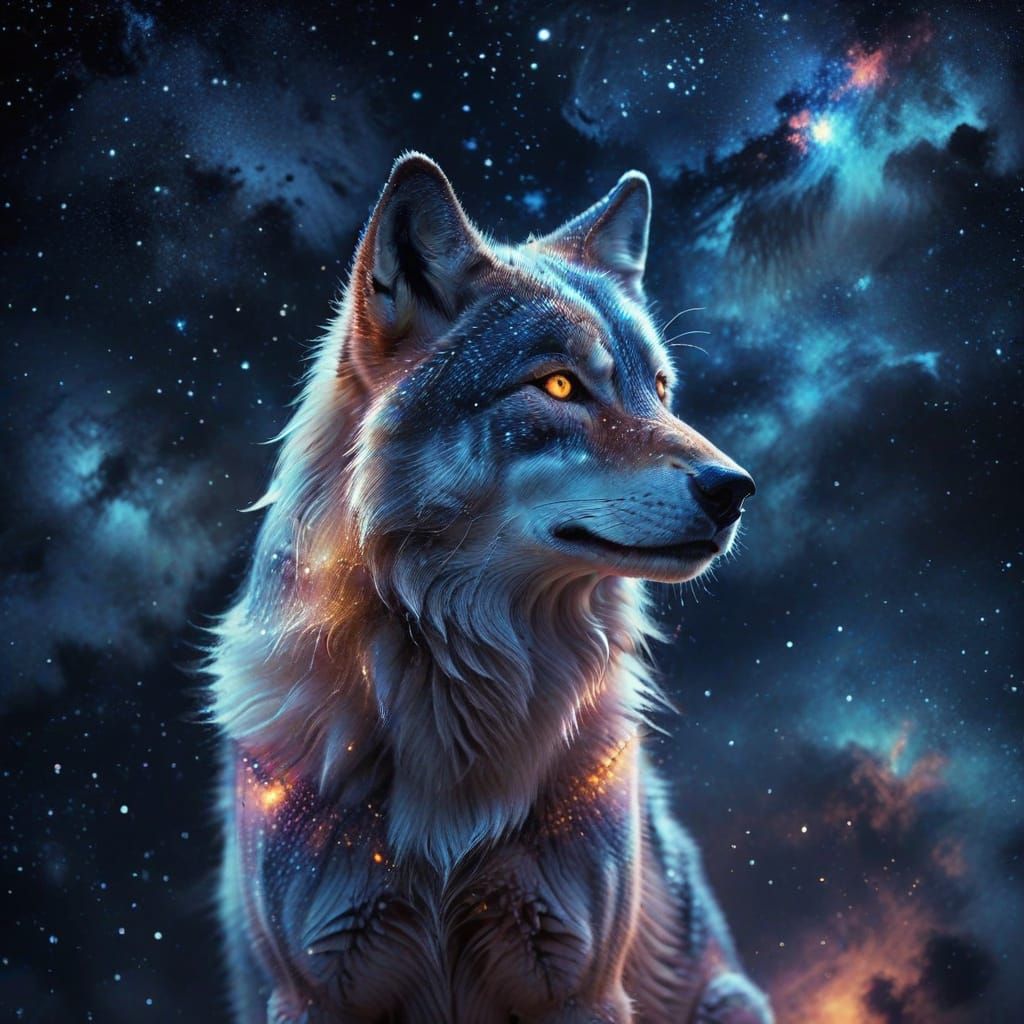 Glowing Astral Wolf on Starry Sky