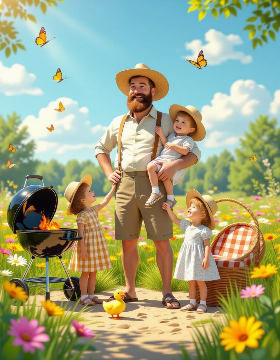 Anthropomorphic Dad and Children in Flower Meadow