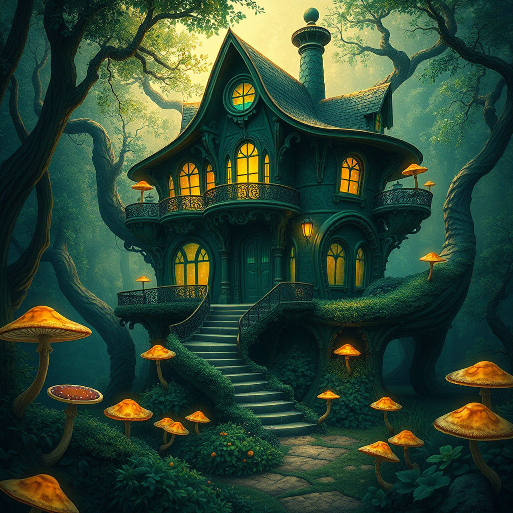 Enchanted Greenhouse in Lush Forest, Digital Matte Painting