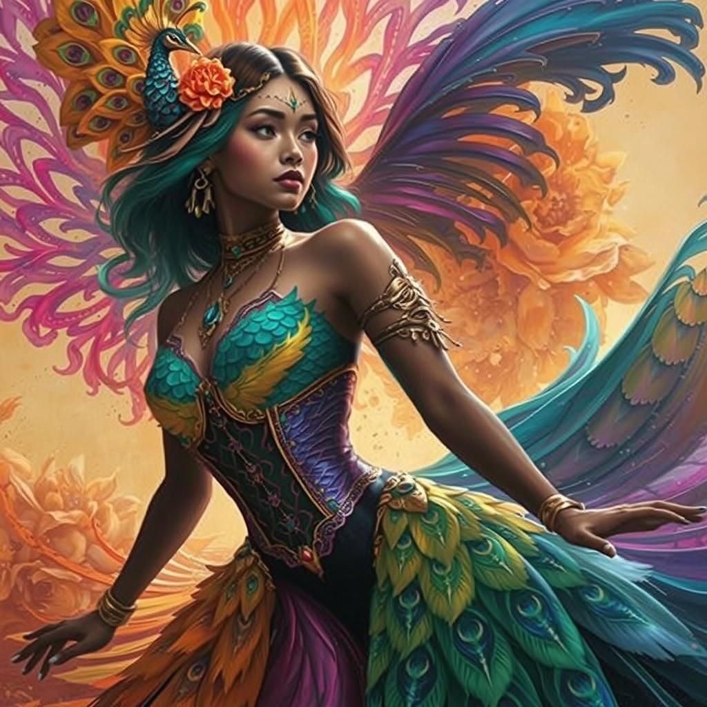 Dragon Peacock Woman in Abstract Expressionist Style