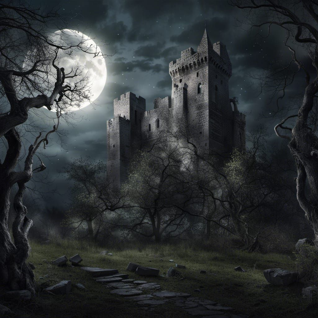 castle ruins at night