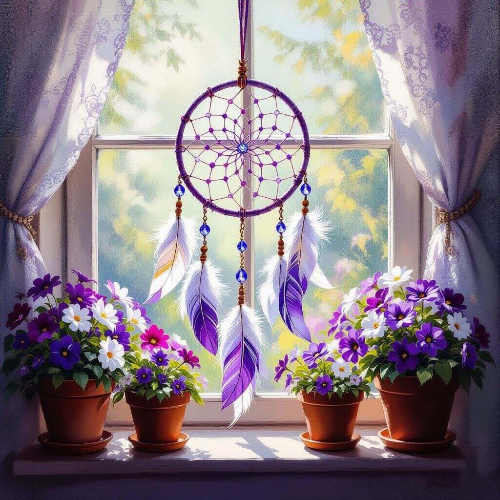 Dreamcatcher with Purple Feathers in Impasto Style