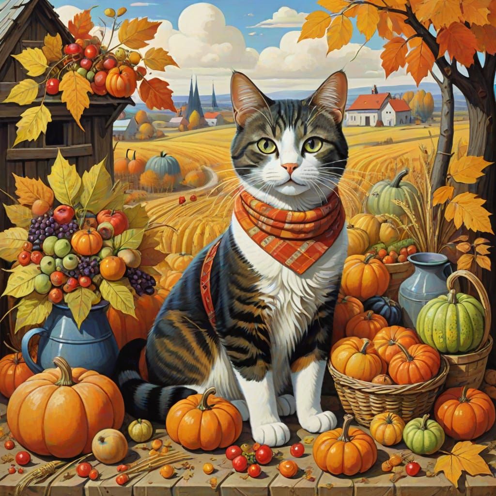 Feline Farmer with Autumn Harvest in Filonov Rabin Style