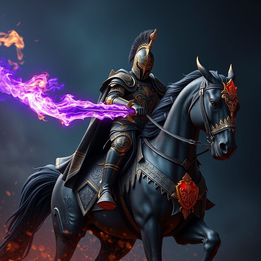 Regal Black Knight in Golden Armor Wields Purple Flame Sword