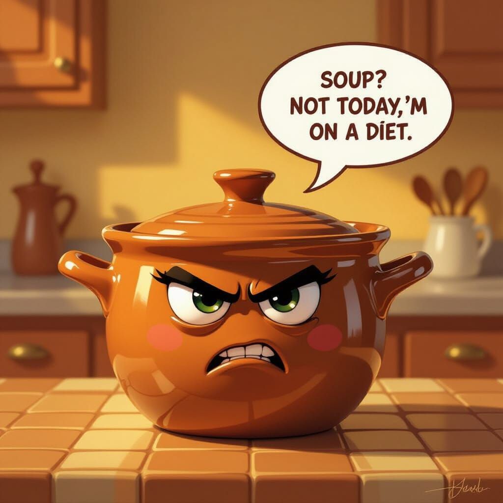 Humorous Soup Pot Declares Diet in Cozy Kitchen