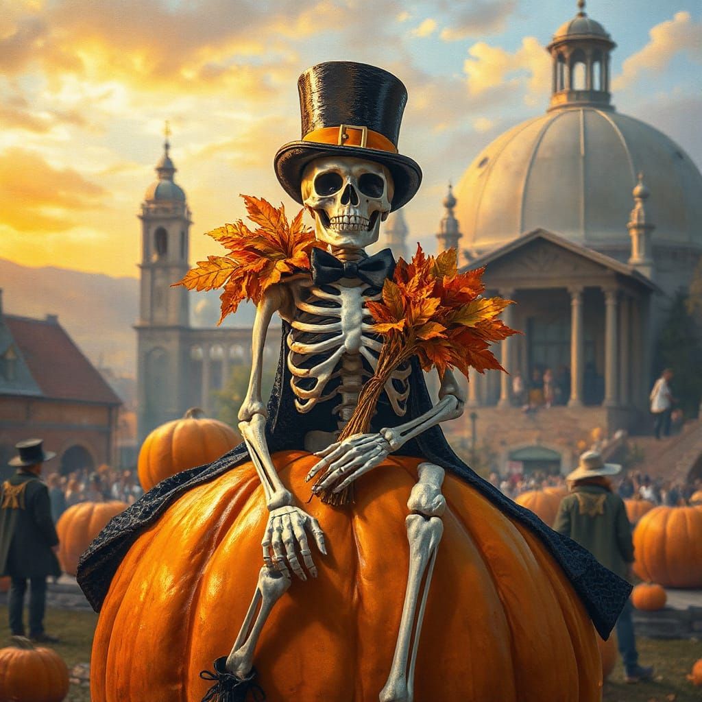 Cheerful Skeleton in Top Hat with Autumn Leaves