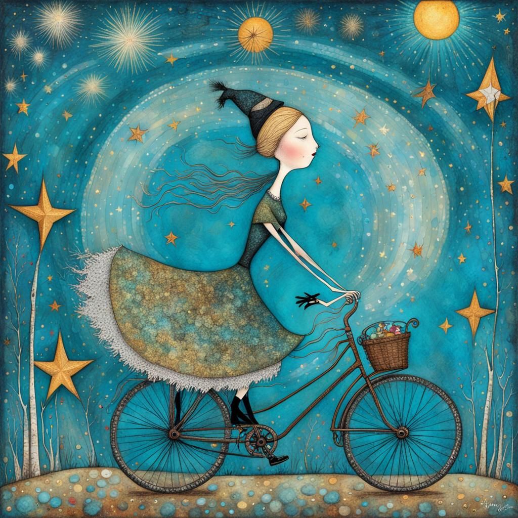 Girl on Bicycle in Vintage Fairytale Style