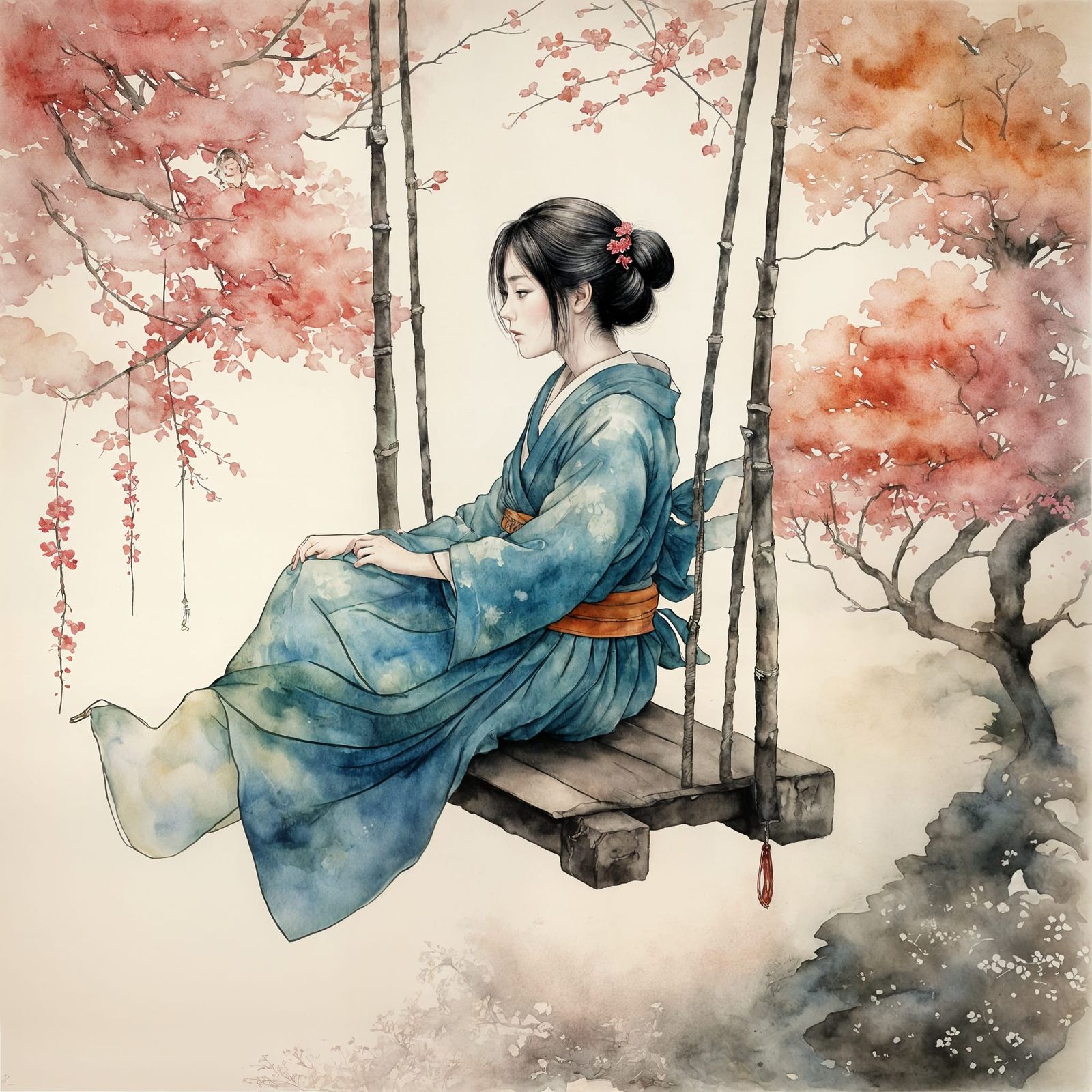 Lady in Serene Japanese Garden Swing