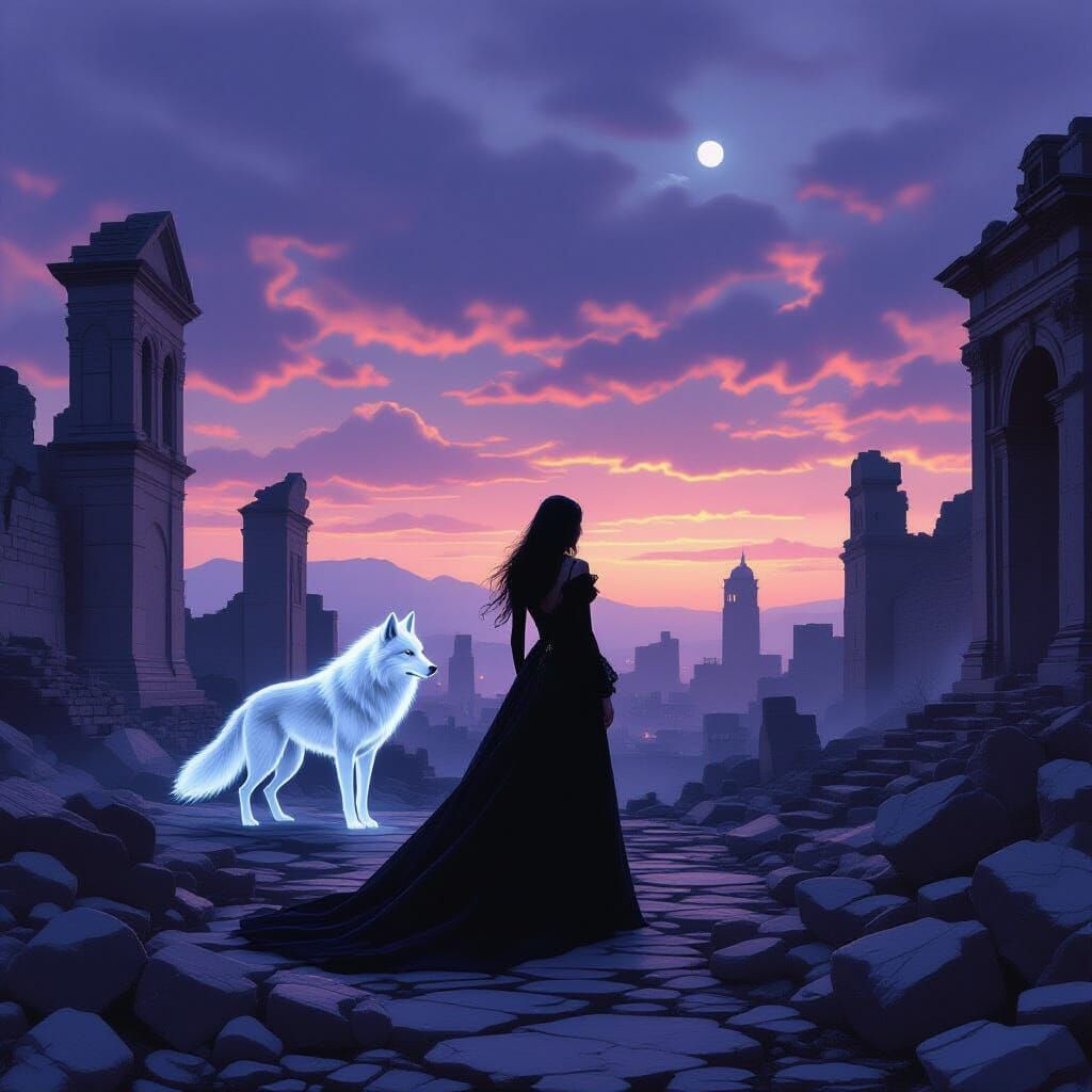 Fashionable Woman & Spectral Wolf in Ancient City Ruins
