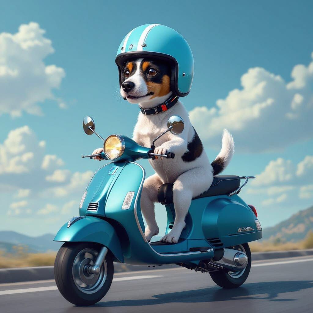 Jack Russell Terrier Rides Vespa in Blue Helmet
