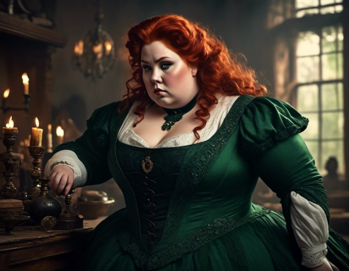 Worried Redhead in Gothic Setting with Emerald Eyes