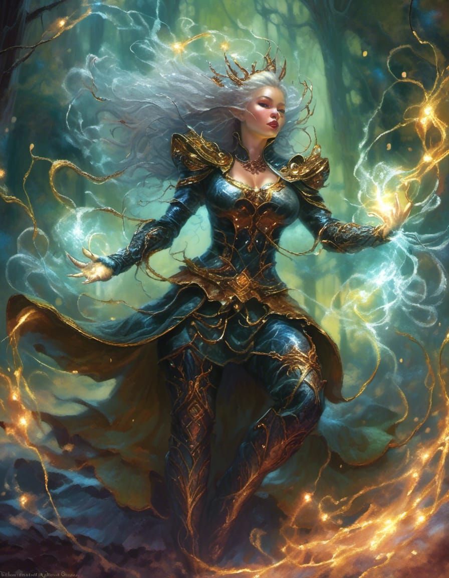 High Elf Sorceress Casting Magic in Fantasy Art