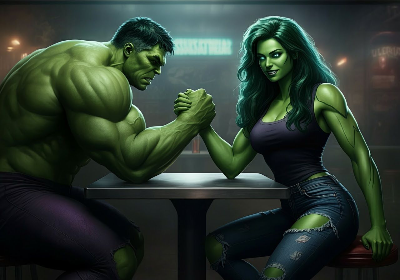 She-Hulk arm wrestling her cousin, The Hulk and looking at t...