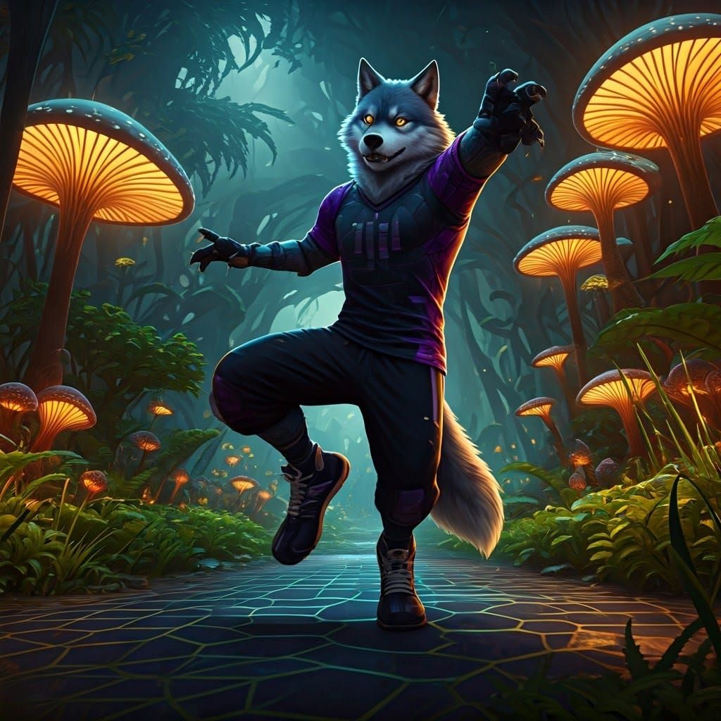 Humanoid Wolf Performs Griddy Dance in Vibrant Dreamlike Env...