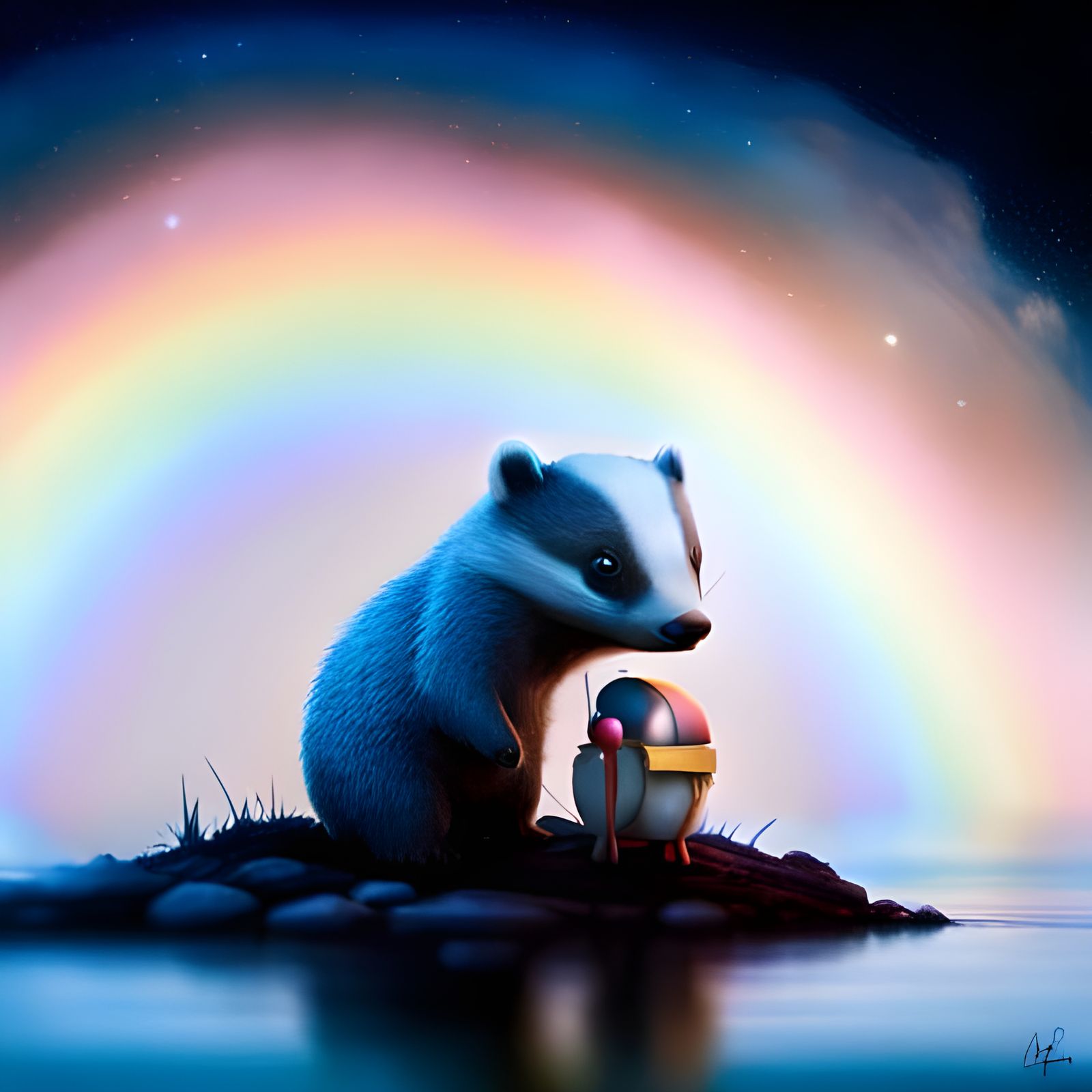 Adorable Badger Cub Observes Rainbow Reflection