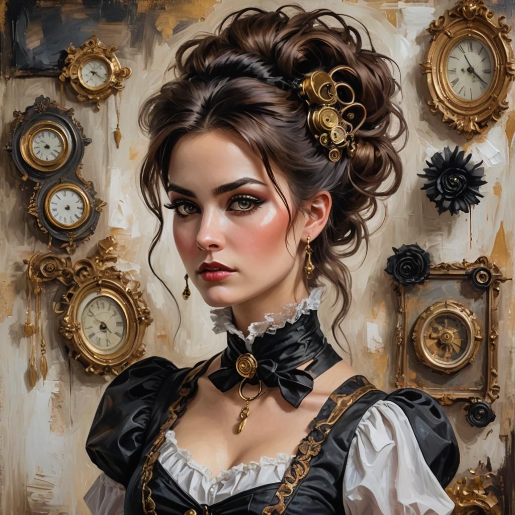 Steampunk Woman in Impasto Style with Victorian Accessories