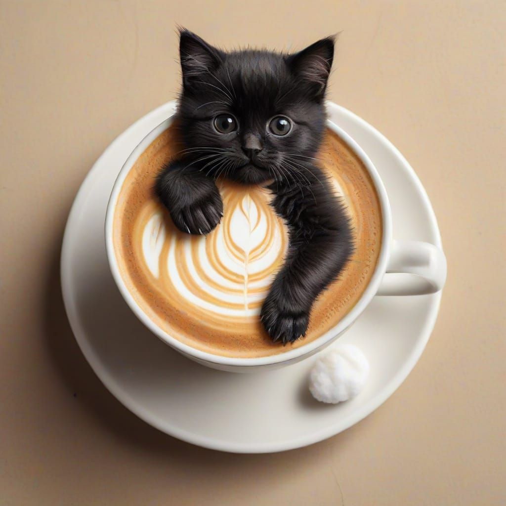 Latte Art with Kitten Illustration in Charcoal Style