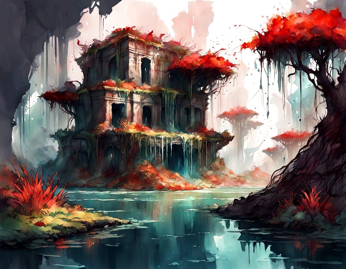Floating Island Ruins with Exotic Jungle in Watercolour Styl...