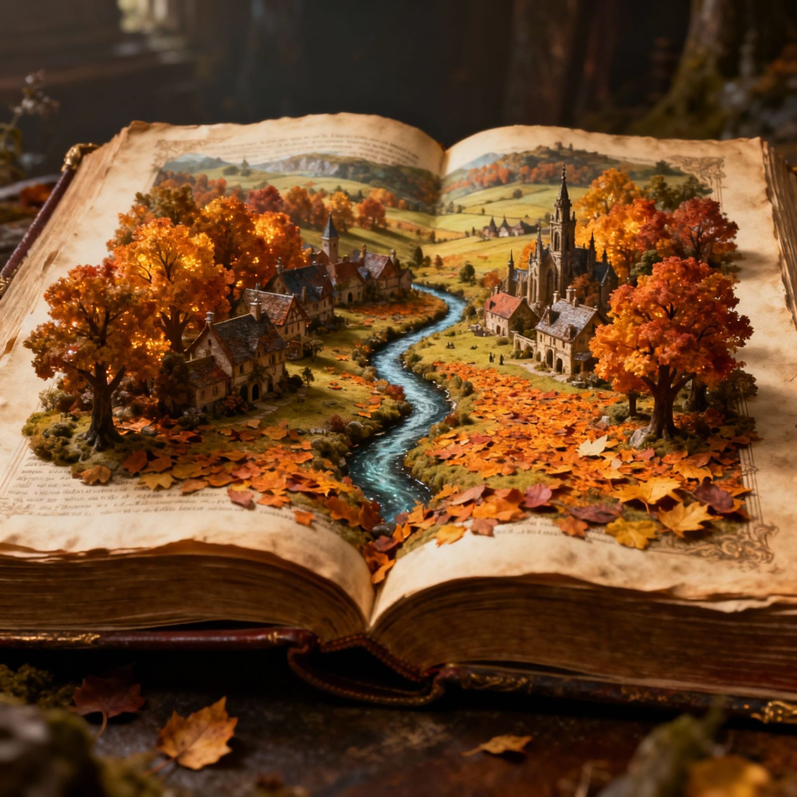 Miniature Autumn Village Landscape in Antique Book