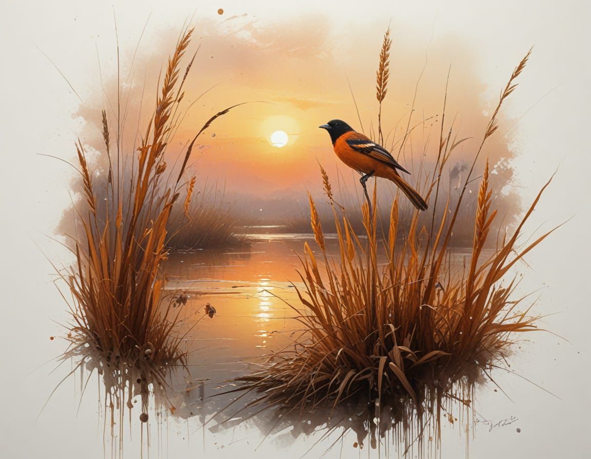 Autumn Oriole in Misty Marsh Oil Painting